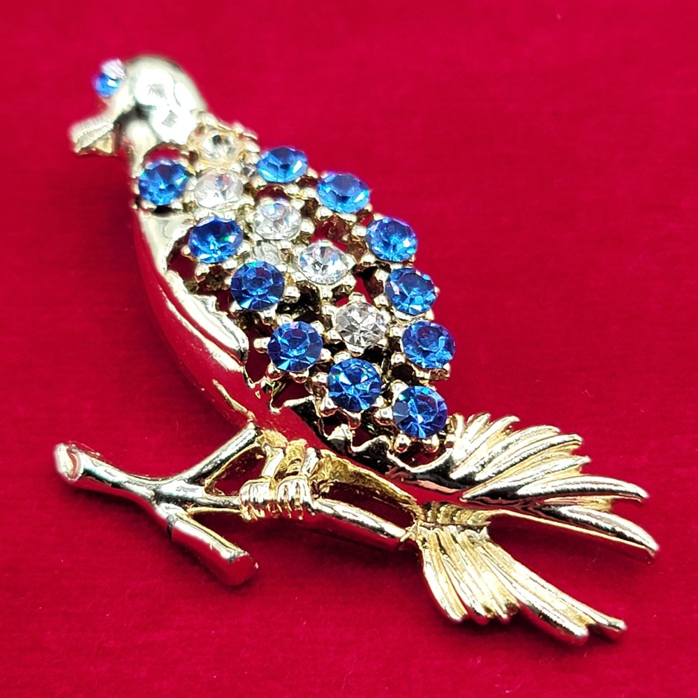 Vintage Bird Brooch Pin Blue Rhinestones Signed Gerry